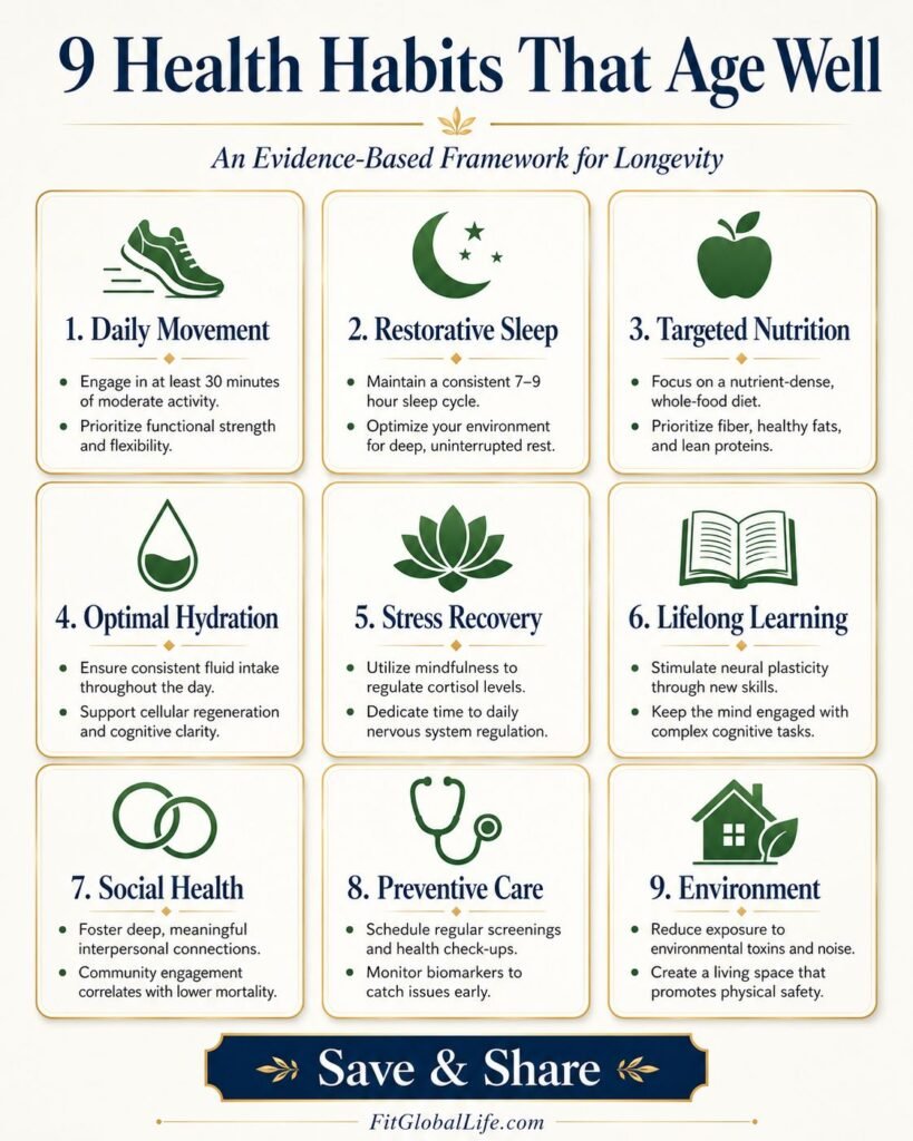 health habits that age well infographic with nine wellness habit icons