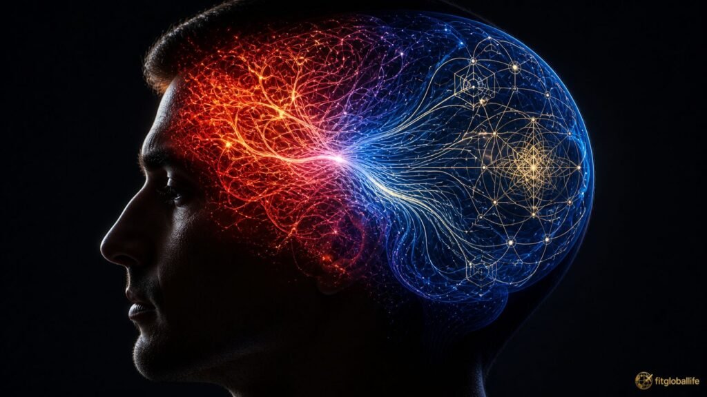 A visual representation of repaying attention debt showing chaotic brain waves turning into calm focus and cognitive sovereignty.