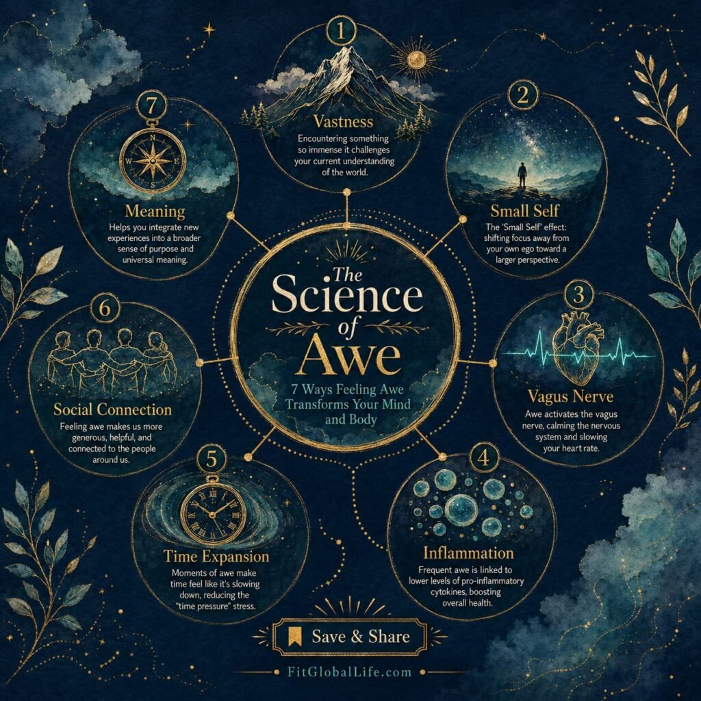 Awe psychology evidence map infographic with seven biological and mental health pathways