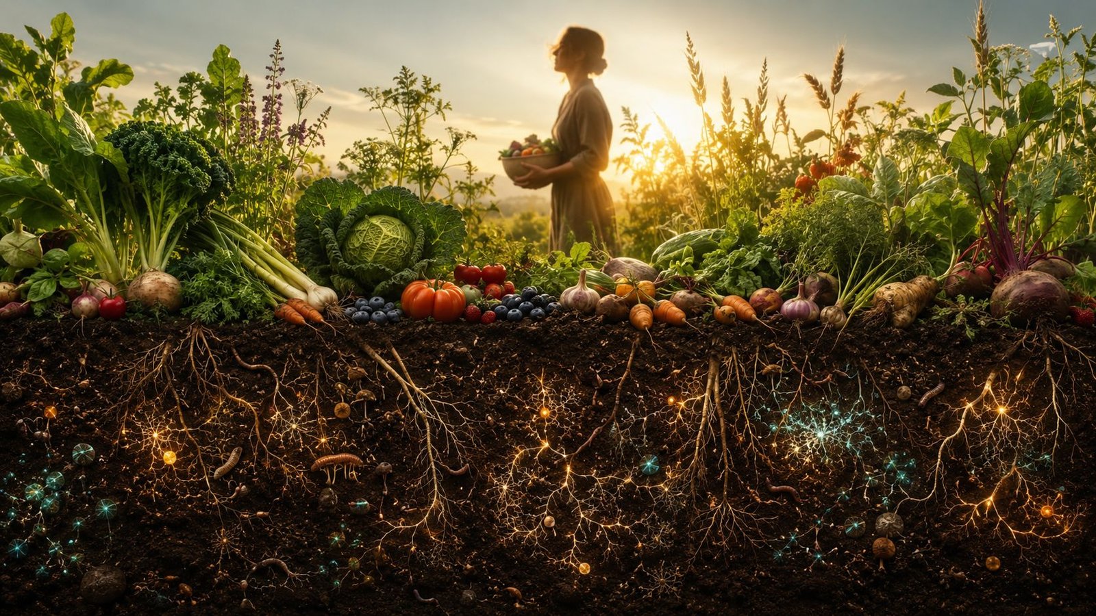 Regenerative soil supporting vitamin intake through healthy roots, microbes, and nutrient-rich food.