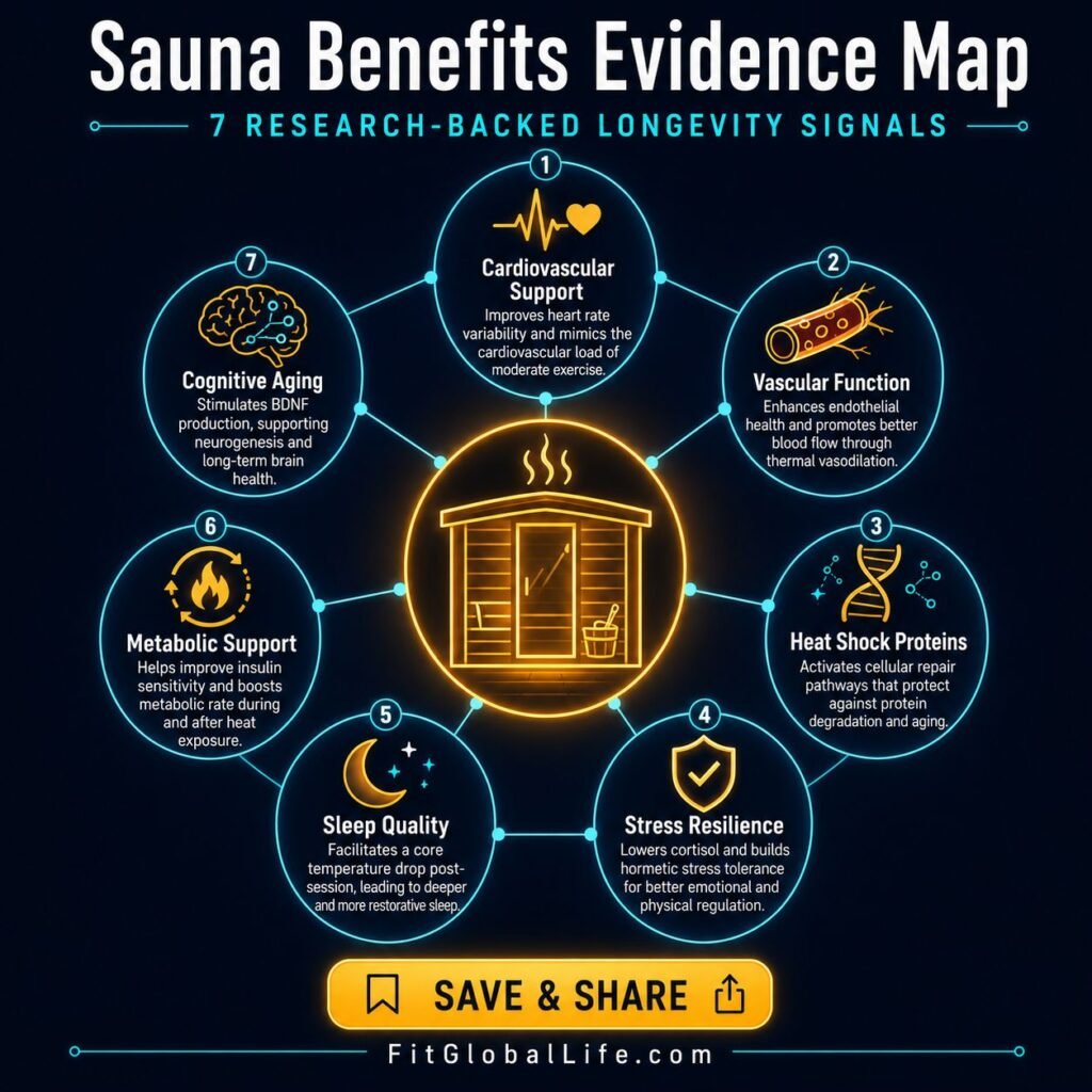 Sauna Benefits Evidence Map showing 7 research-backed sauna longevity protocol benefits