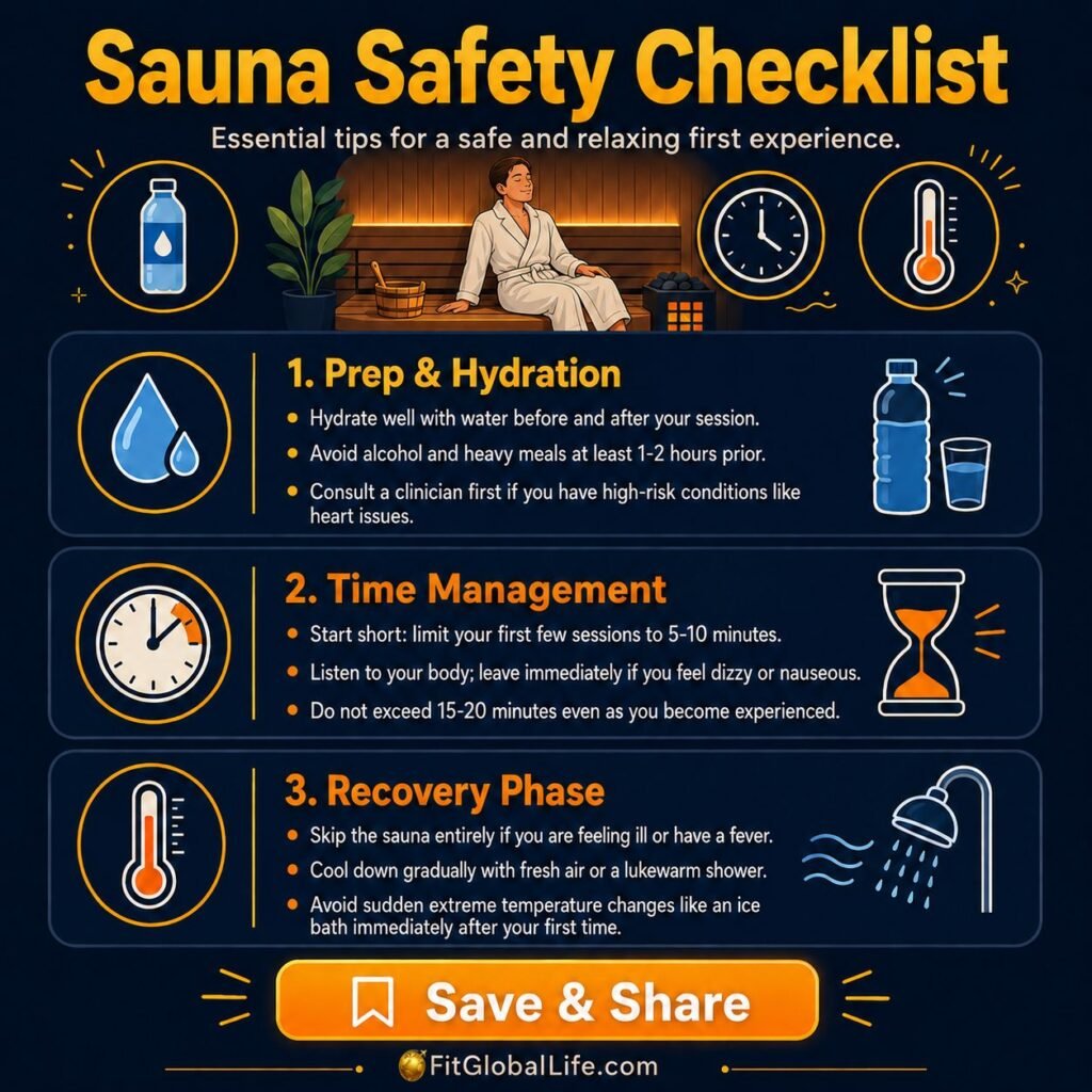 sauna longevity protocol safety checklist for beginners hydration alcohol and heat risk