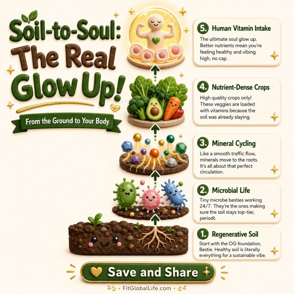Regenerative soil nutrient chain explaining vitamin intake from microbes to crops and human health.