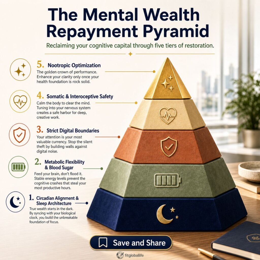 A 5-step pyramid chart detailing how to repay attention debt, starting from biological circadian foundations up to nootropic optimization.