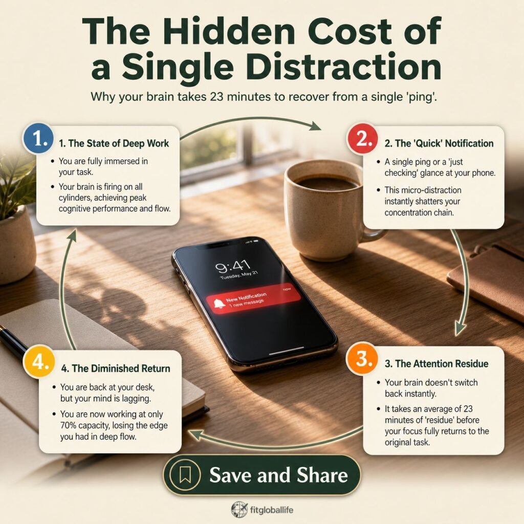 Infographic explaining how a single distraction creates attention debt and costs exactly 23 minutes of deep focus.
