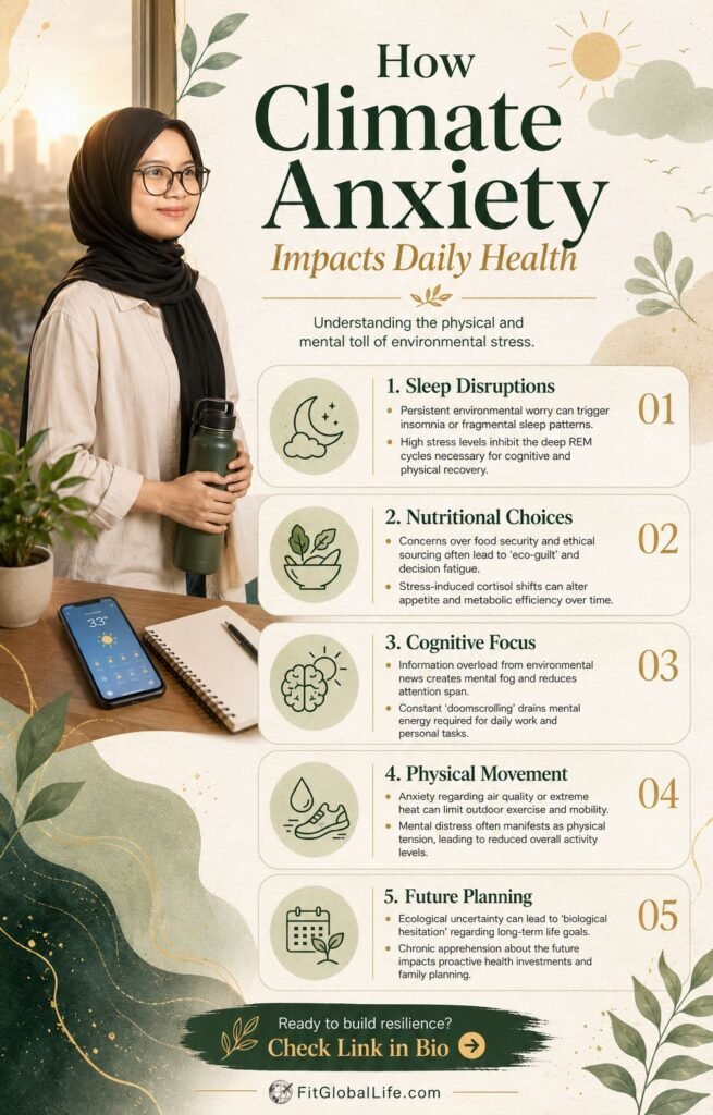 climate anxiety daily health infographic showing sleep food focus movement future planning