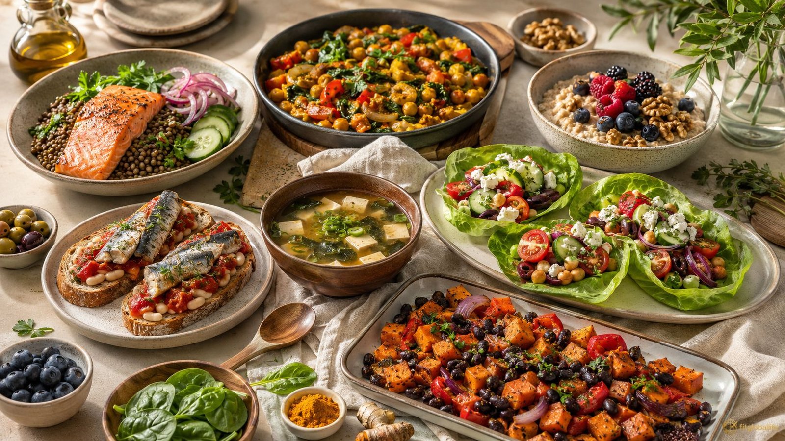 Home Anti-inflammatory meals for busy weekdays arranged as colorful healthy meal prep dishes