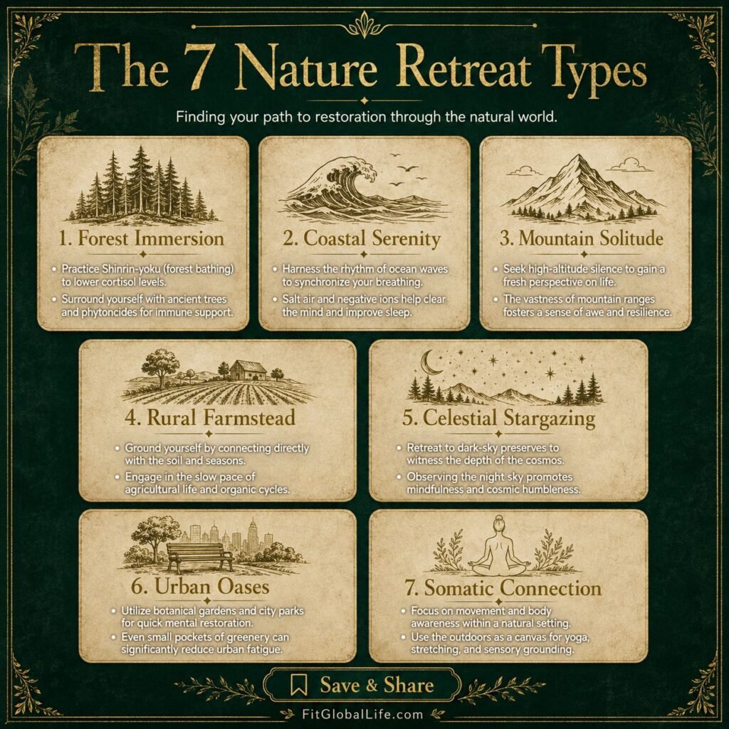 Nature retreats infographic showing seven retreat types for nervous system recovery