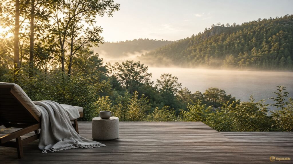 Nature retreats for a gentle nervous reset with forest, lake, and peaceful wellness deck