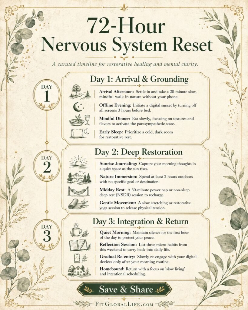 Nature retreats 72-hour nervous reset itinerary with walking, rest, sleep, and offline time