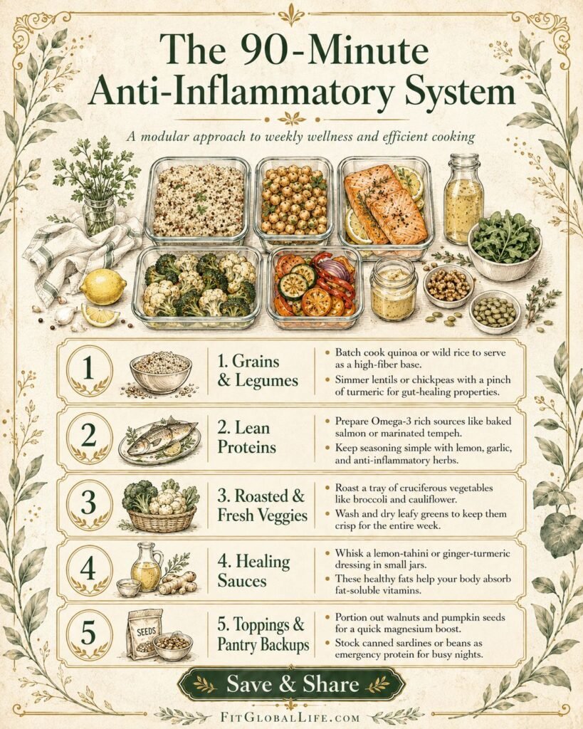 Anti-inflammatory meals prep system for busy weekdays using grains legumes protein vegetables sauce and pantry backups