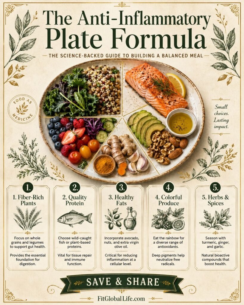 Anti-inflammatory meals plate formula with fiber protein healthy fats colorful produce and herbs