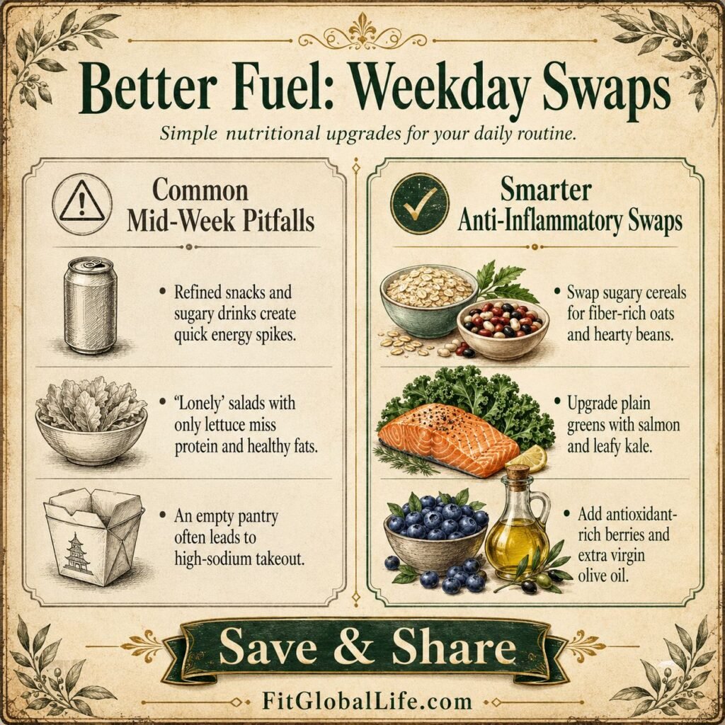 Anti-inflammatory meals swaps for busy weekdays with oats beans fish greens olive oil and berries