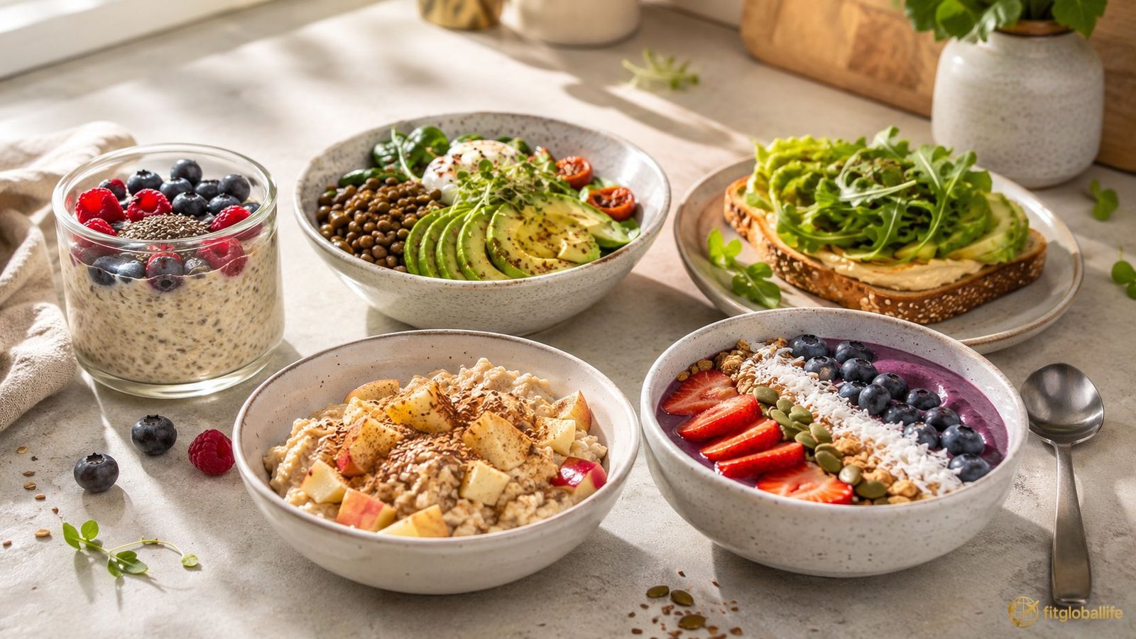 fiber-rich breakfasts with oats berries lentils toast and smoothie bowl for gut health