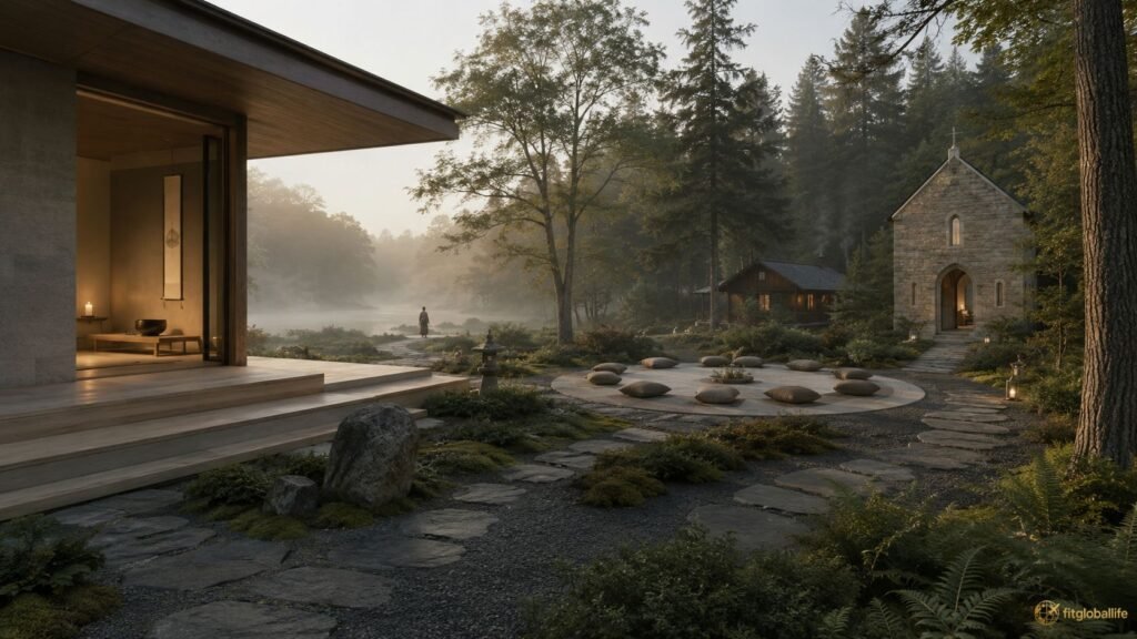 Five silent retreat styles shown through meditation, Zen, spiritual, mindfulness, and nature settings