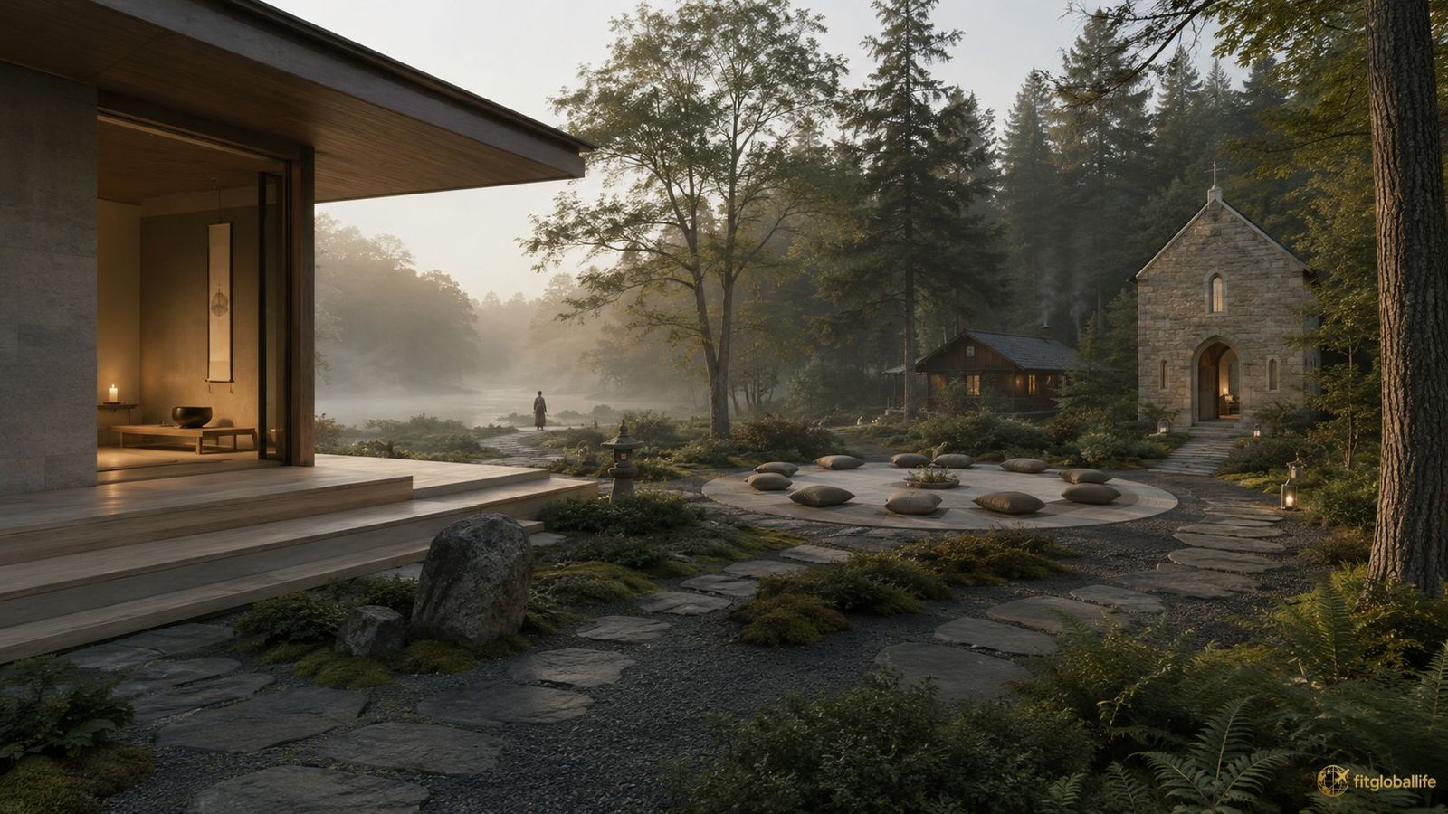 Five silent retreat styles shown through meditation, Zen, spiritual, mindfulness, and nature settings