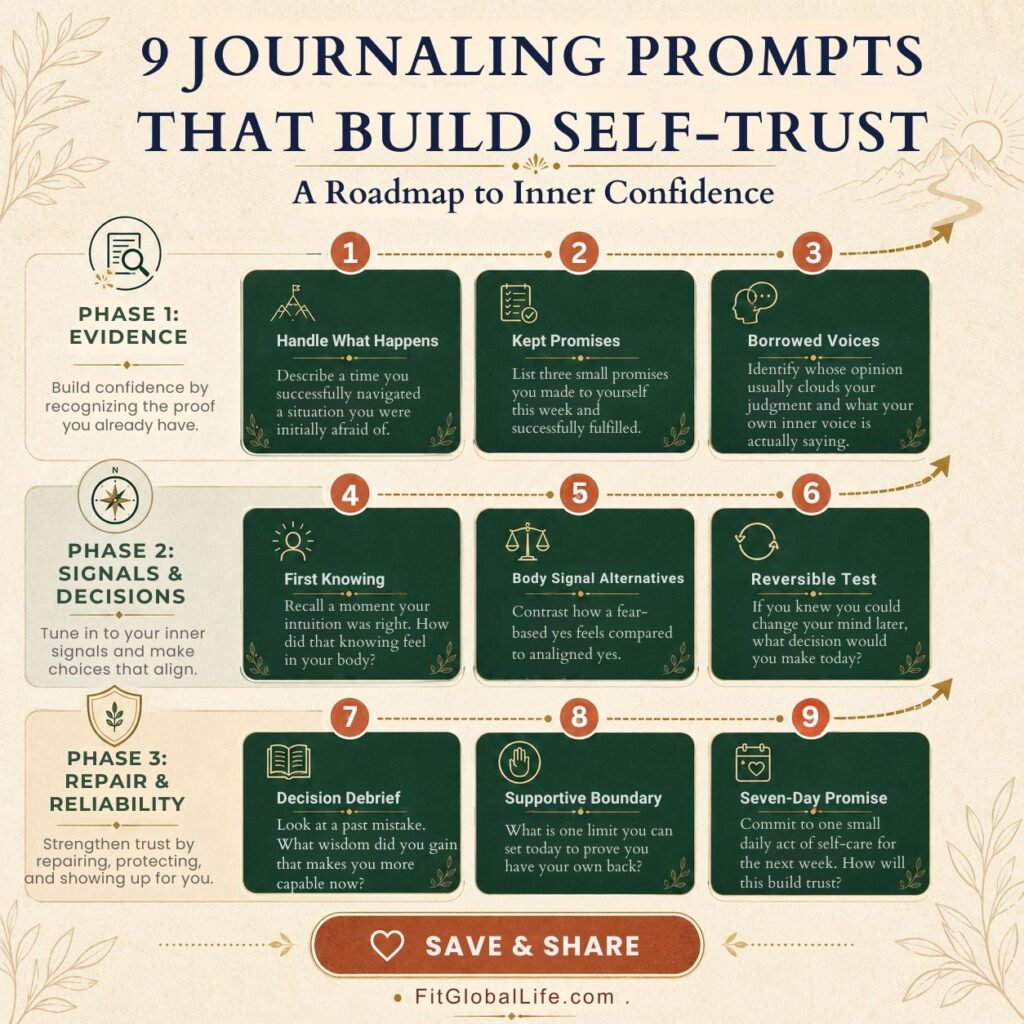 Nine journaling prompts for self-trust organized from evidence and inner signals to boundaries and a seven-day promise
