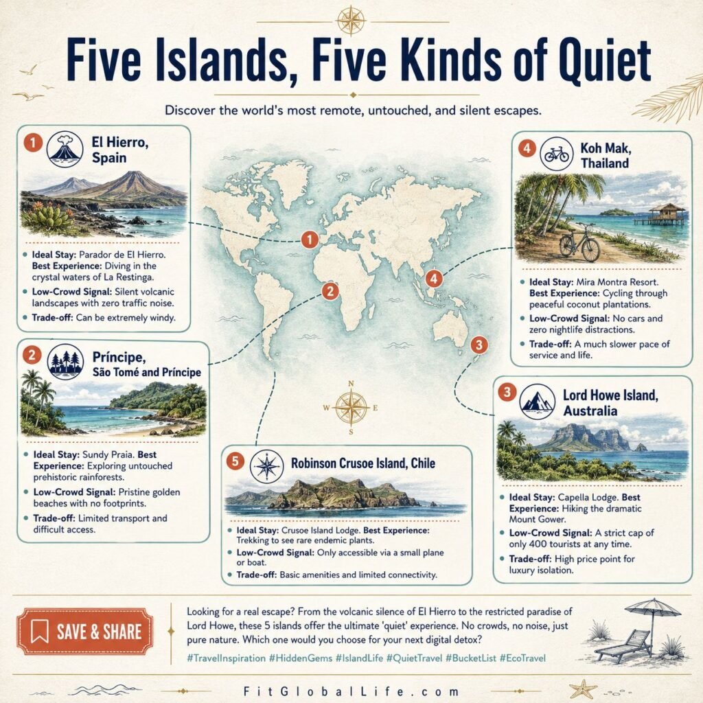 5 Low-Crowd Islands for Slow Travel in 2026 Low-crowd islands for slow travel comparison map with five destinations
