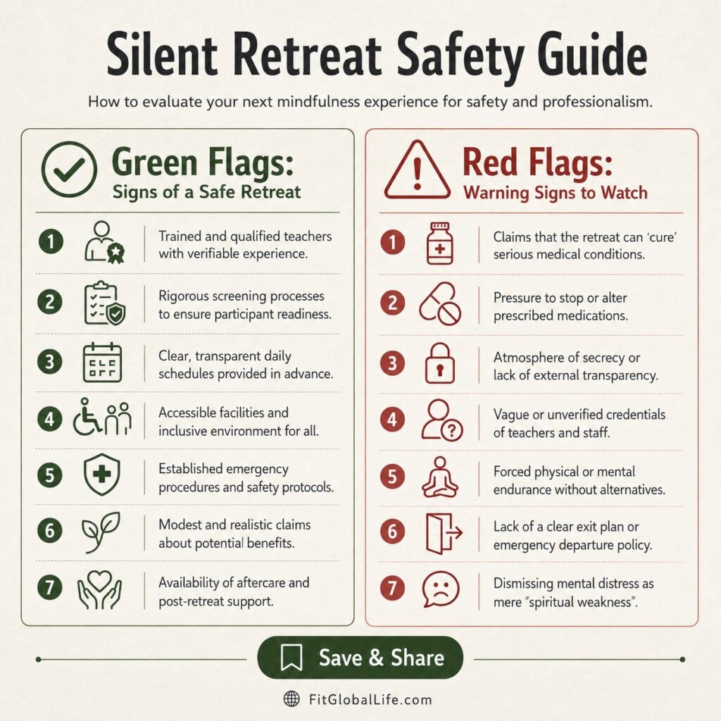 Silent retreat styles safety checklist with green flags and red flags before booking