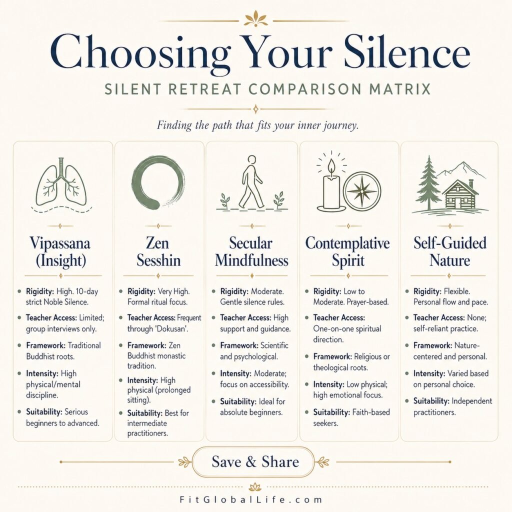 Silent retreat styles comparison matrix for choosing the right retreat format