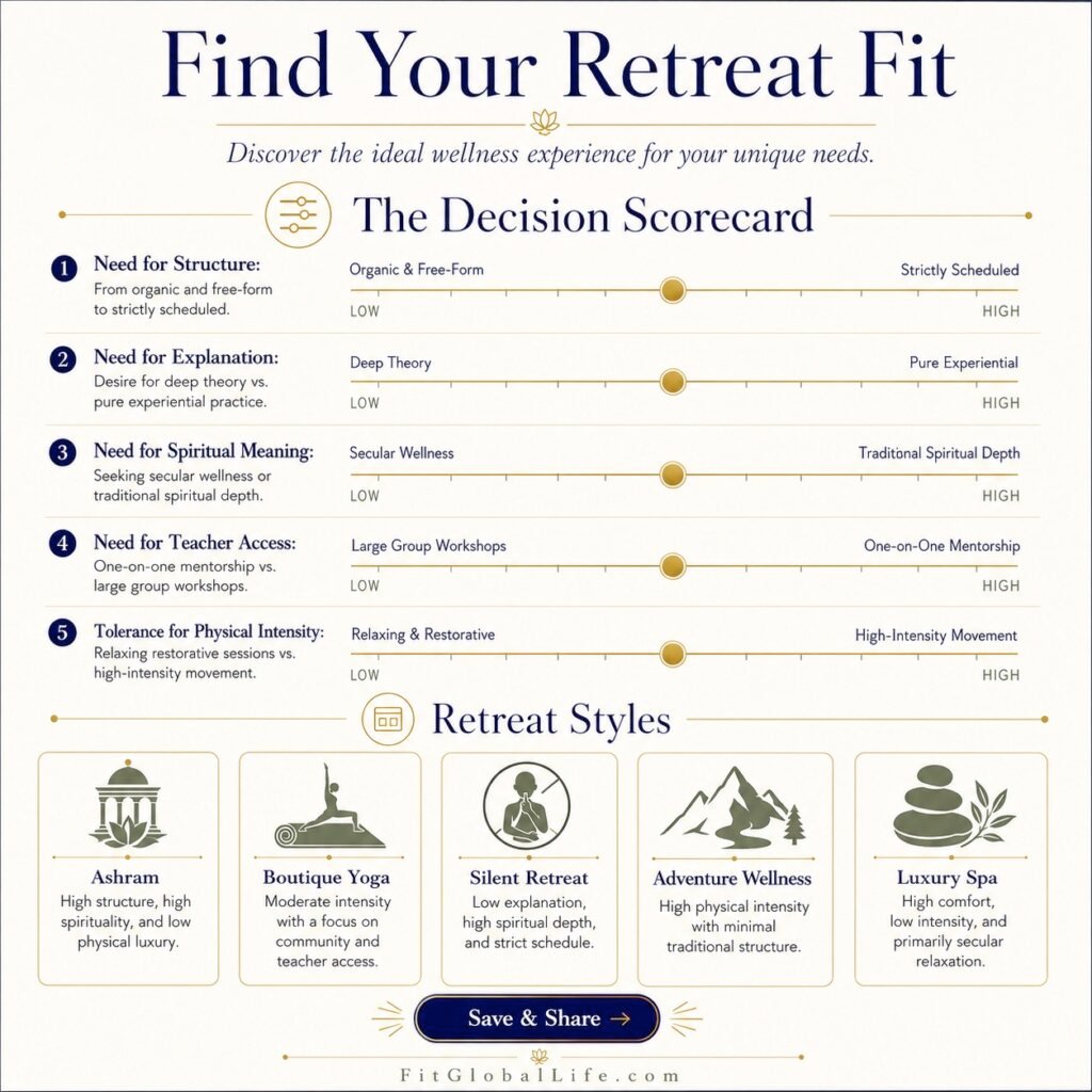 Silent retreat styles fit scorecard based on structure, guidance, belief, and physical intensity