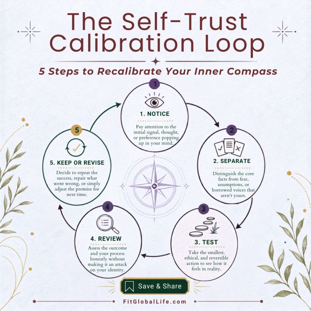 Journaling prompts for self-trust infographic showing notice, separate, test, review, and keep or revise