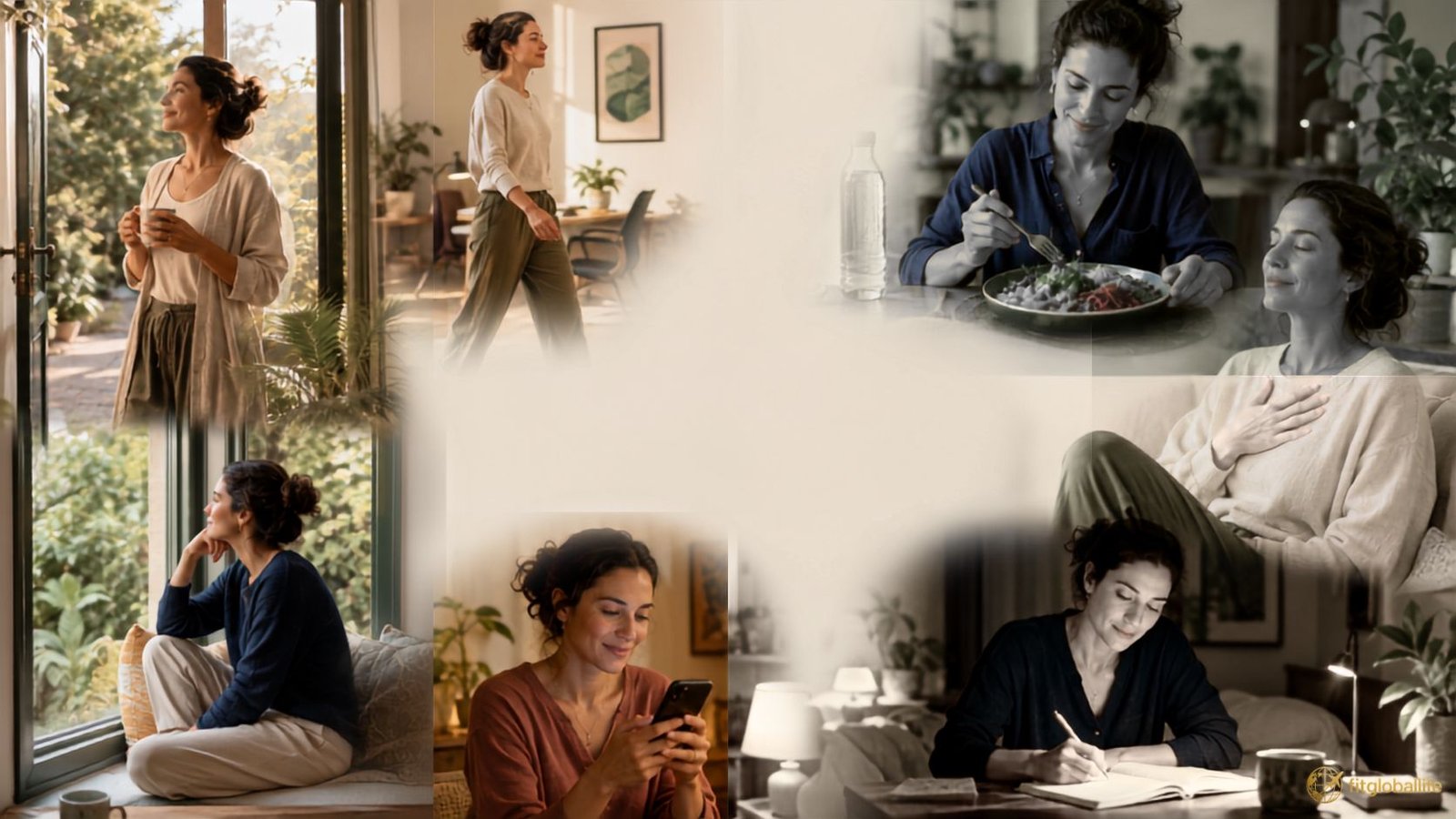 Home 8 tiny wellness wins shown through light, movement, hydration, food, breathing, recovery, connection, and reflection