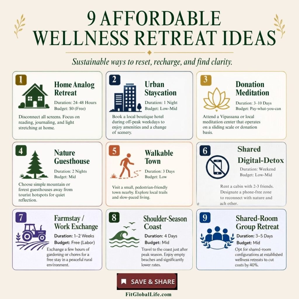 Nine affordable wellness retreat ideas with duration and estimated 2026 budget