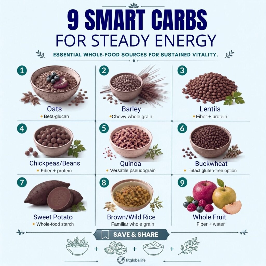 9 smart carbs for steady energy including oats, barley, lentils, chickpeas, quinoa, buckwheat, sweet potato, brown rice and fruit