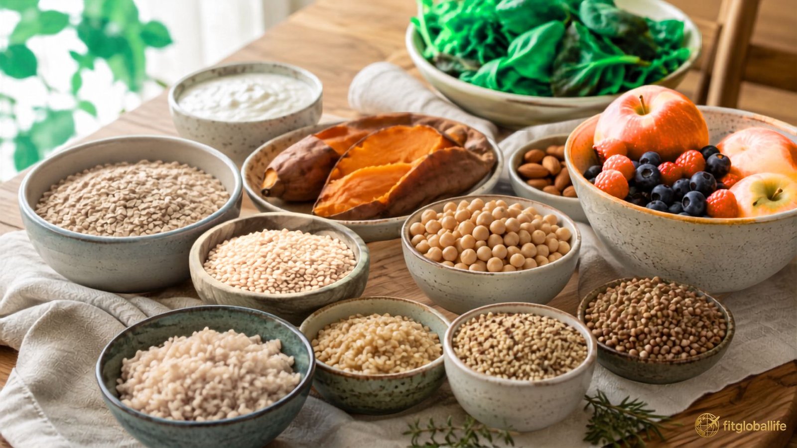 9 smart carbs for steady energy arranged as fiber-rich whole foods on a balanced table
