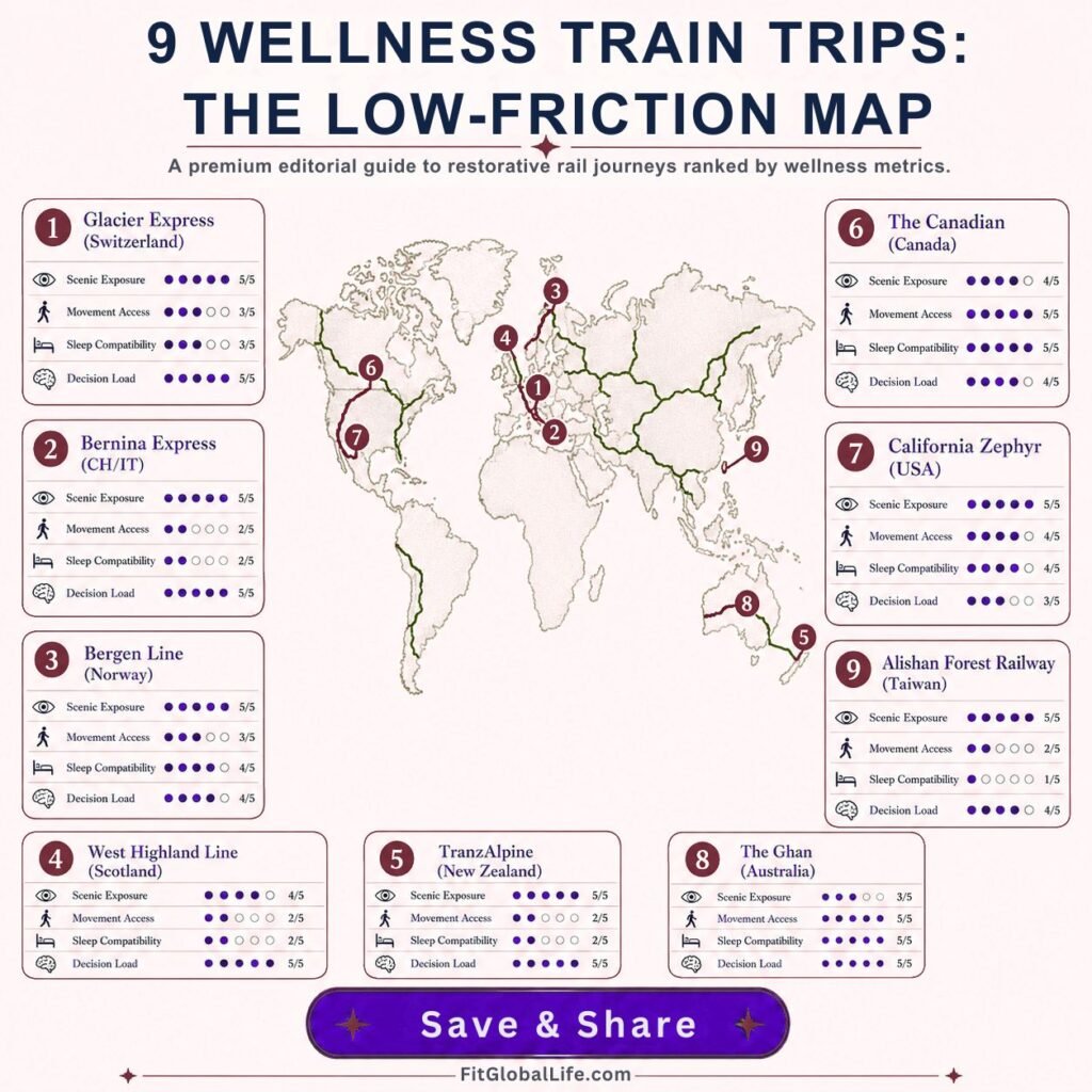 Wellness train trips infographic comparing nine scenic rail routes by low-friction wellness factors