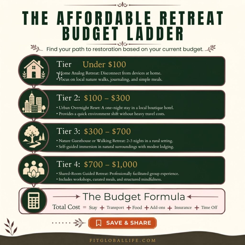 Affordable wellness retreat ideas arranged in four 2026 budget tiers