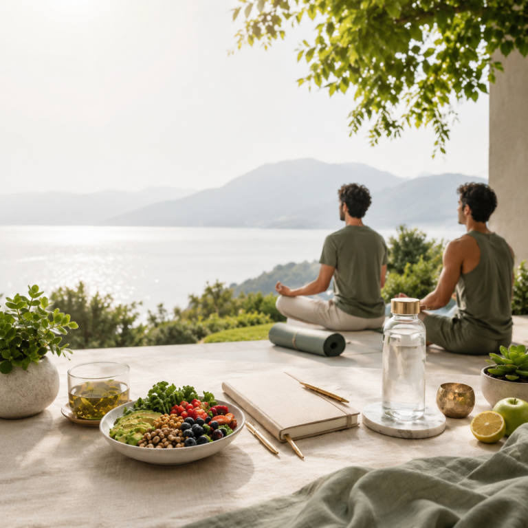 ilustration hero image for article directory: Two men meditating beside a lake with healthy food, a journal, and a water bottle in a peaceful wellness setting.