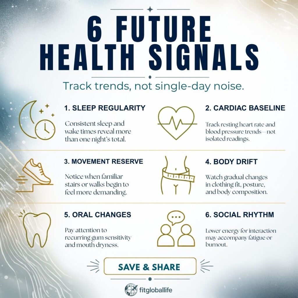 Future health signals infographic showing six everyday health patterns to track