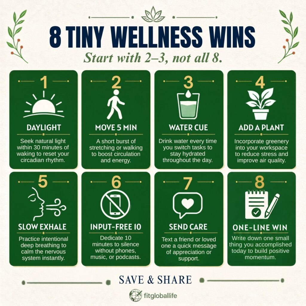 Tiny wellness wins infographic listing eight repeatable daily health actions
