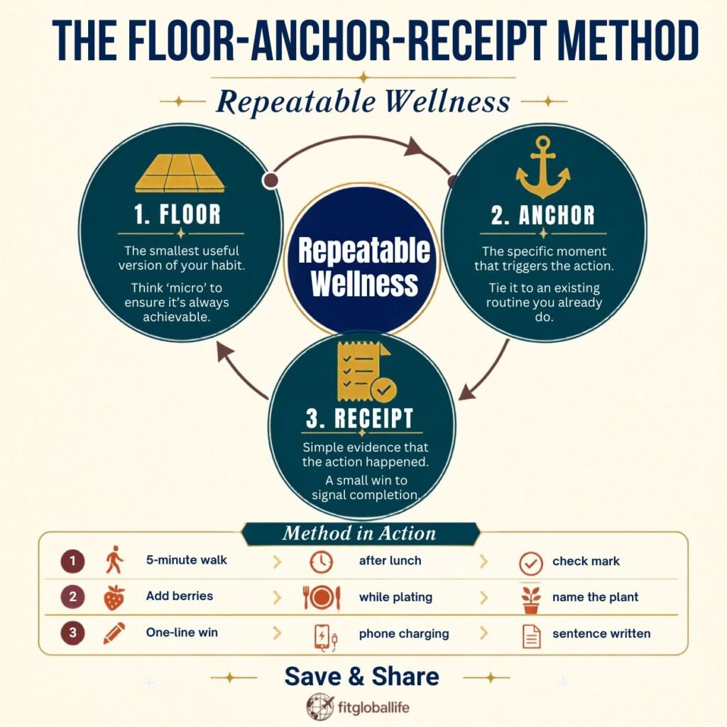 Tiny wellness wins floor anchor receipt habit method infographic