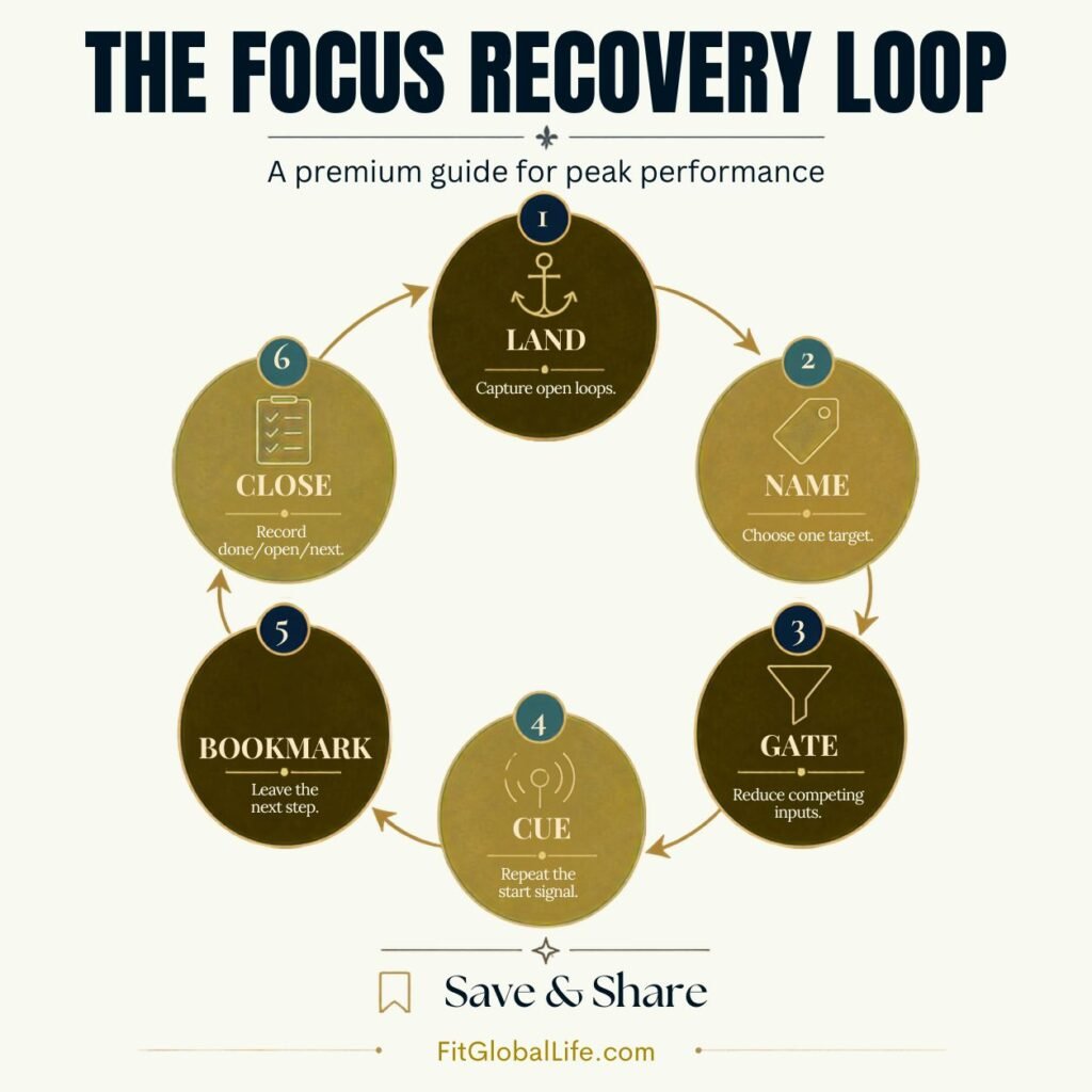 focus rituals infographic showing the six-step Focus Recovery Loop