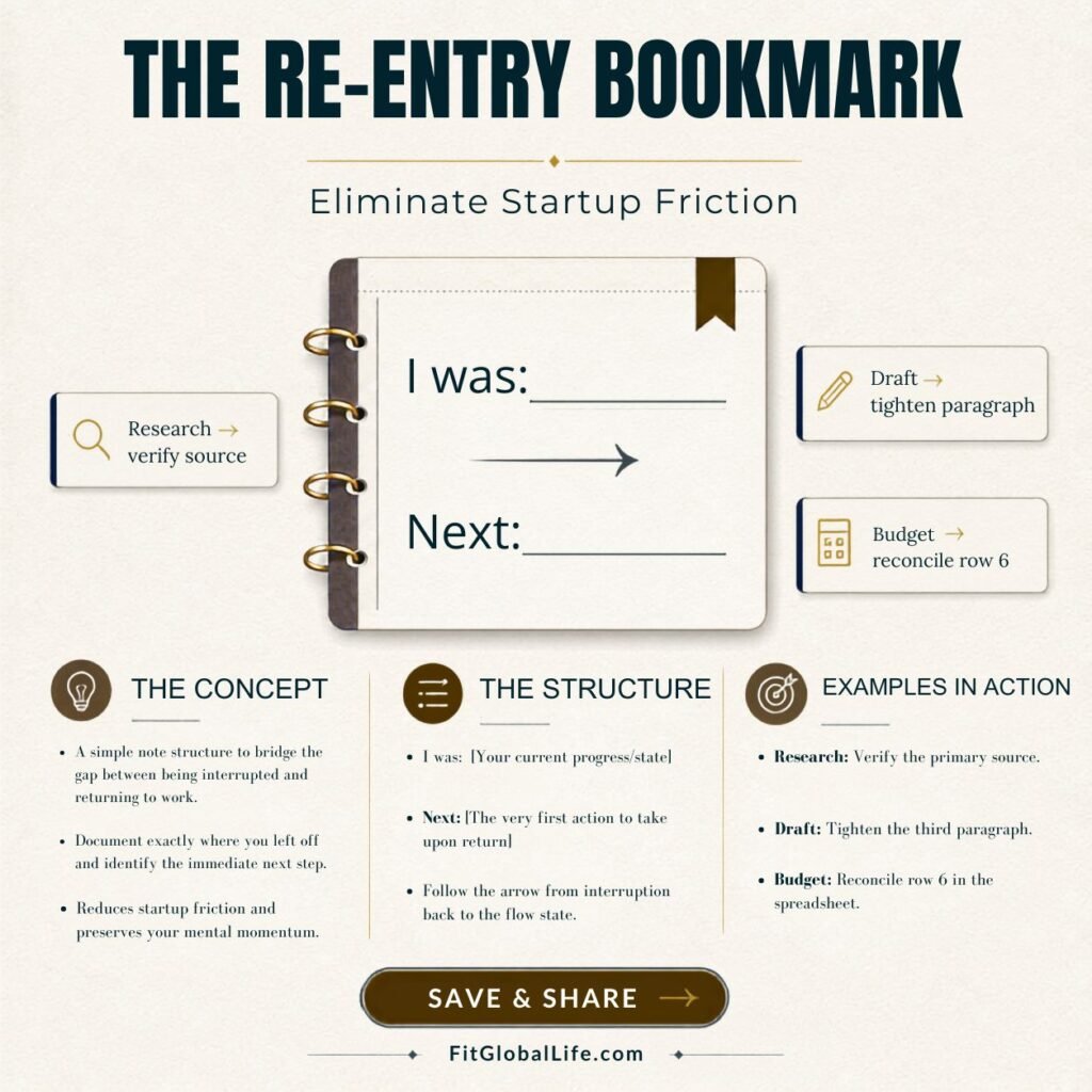 focus rituals re-entry bookmark for returning after interruptions