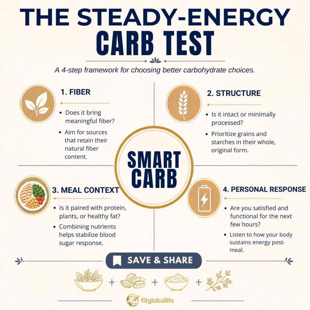 Smart carbs for steady energy four-part test covering fiber, structure, meal context and personal response