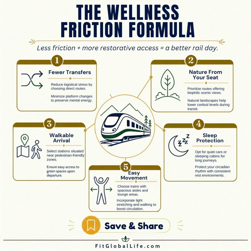 Wellness train trips infographic showing five ways rail travel can reduce travel friction