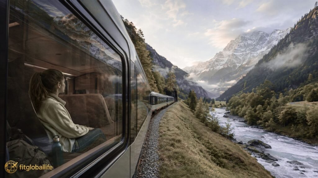 Wellness train trips through a scenic mountain landscape with a relaxed rail traveler