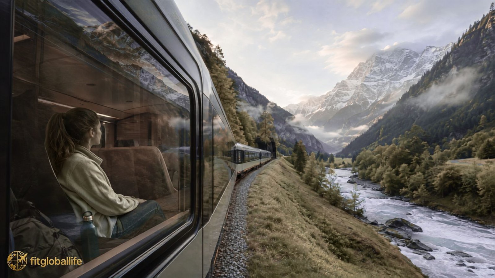 Home Wellness train trips through a scenic mountain landscape with a relaxed rail traveler