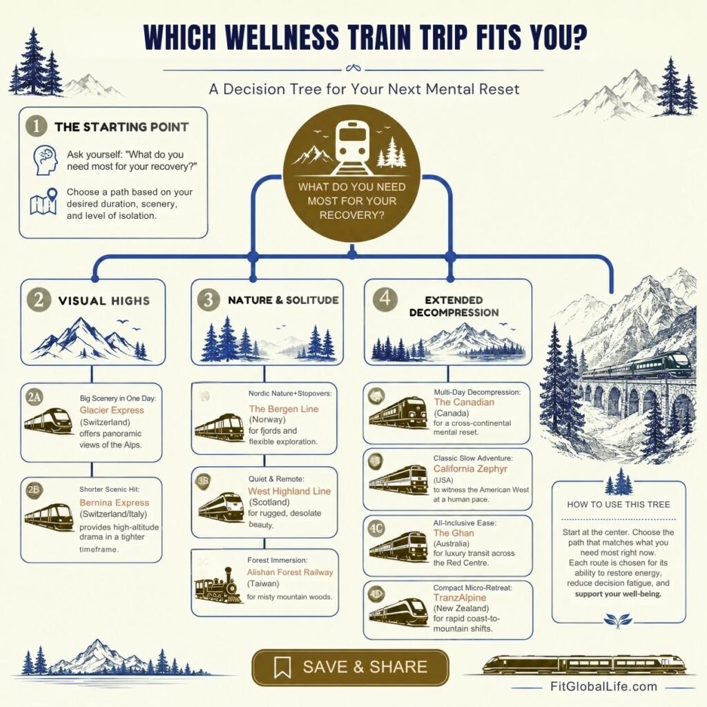 Wellness train trips decision tree matching scenic rail routes to different recovery styles
