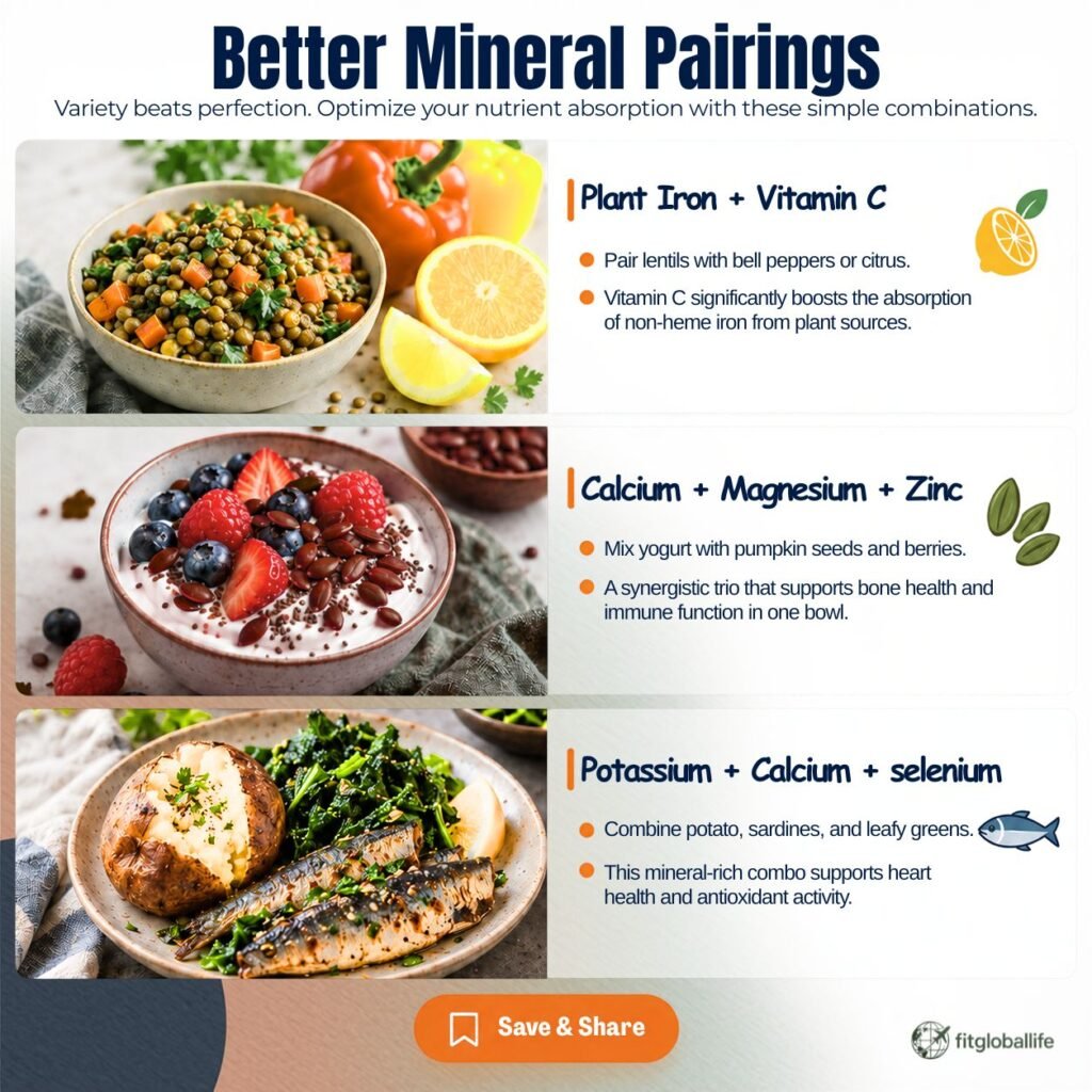 Mineral-rich foods meal pairings with lentils, yogurt, seeds, potatoes, sardines, and vegetables
