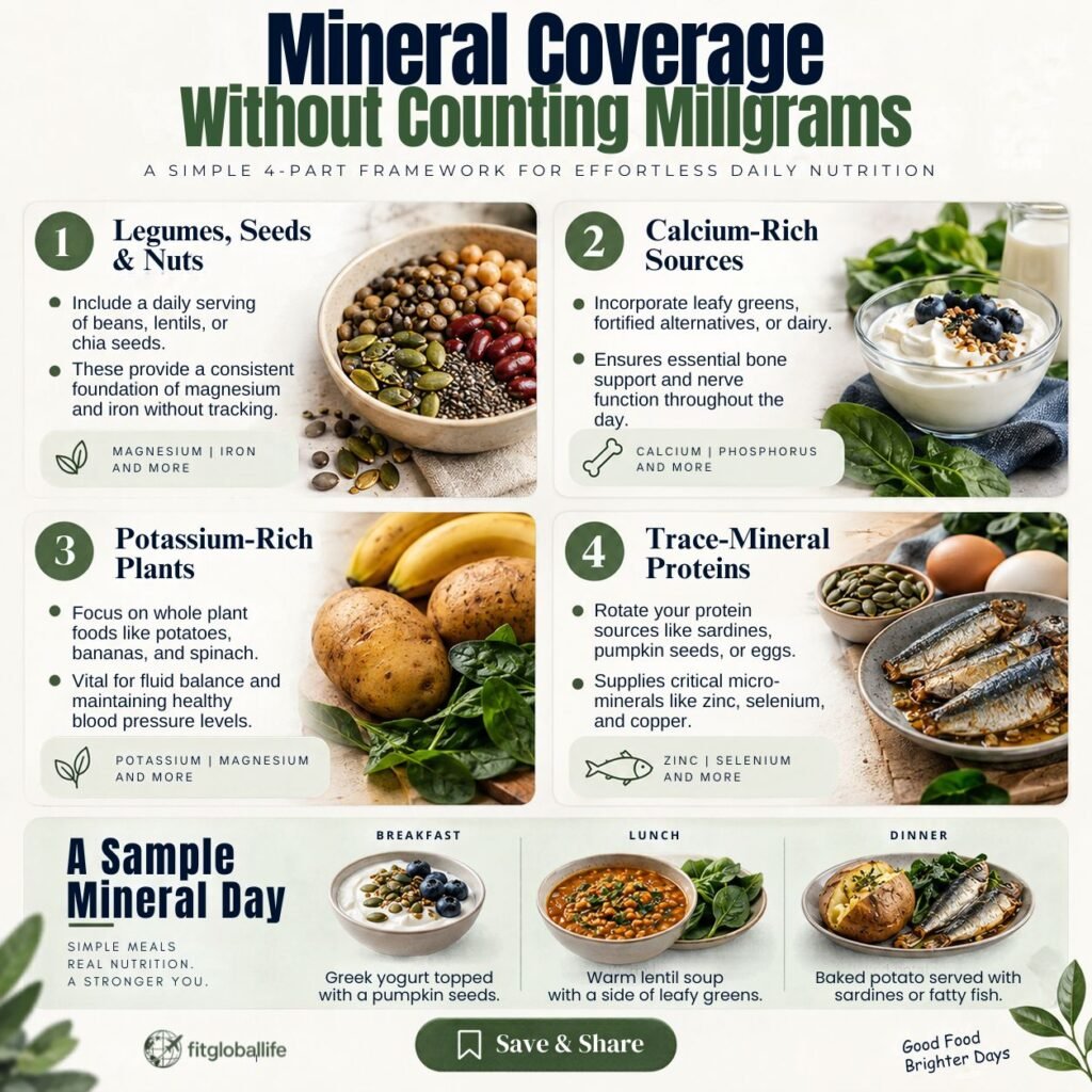 Mineral-rich foods daily framework with four food groups for practical mineral coverage