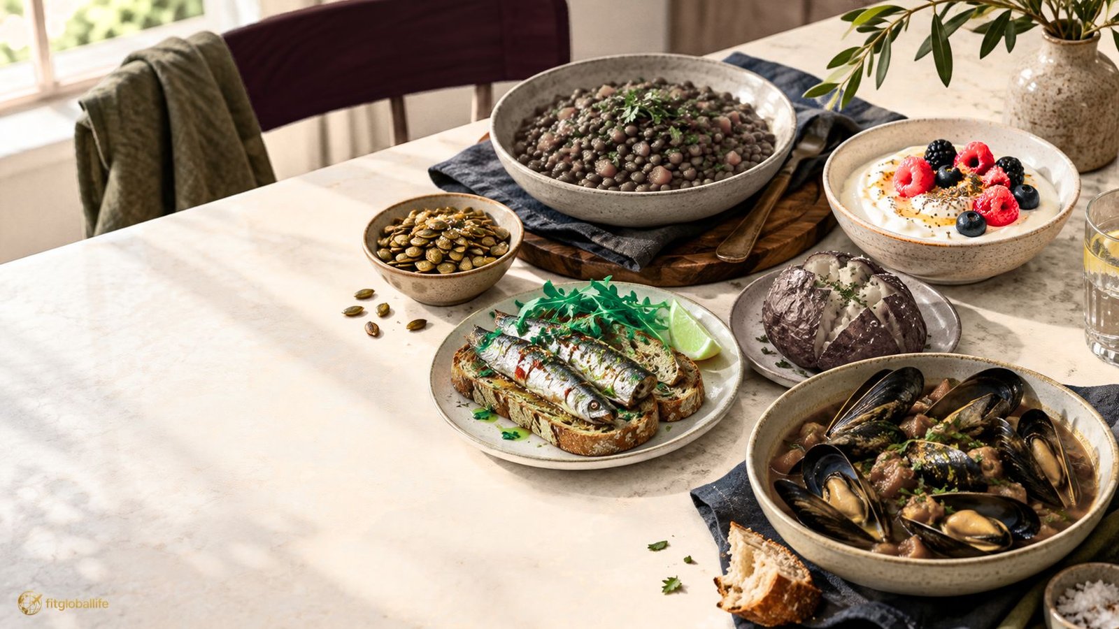 Home 6 mineral-rich foods including lentils, yogurt, sardines, potatoes, mussels, and pumpkin seeds