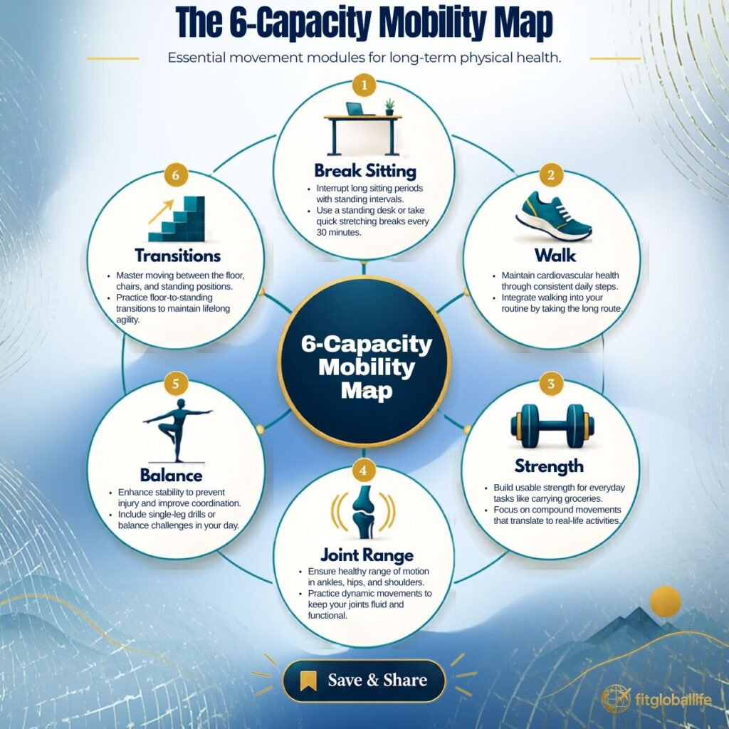 Mobility habits infographic showing six capacities for long-term health