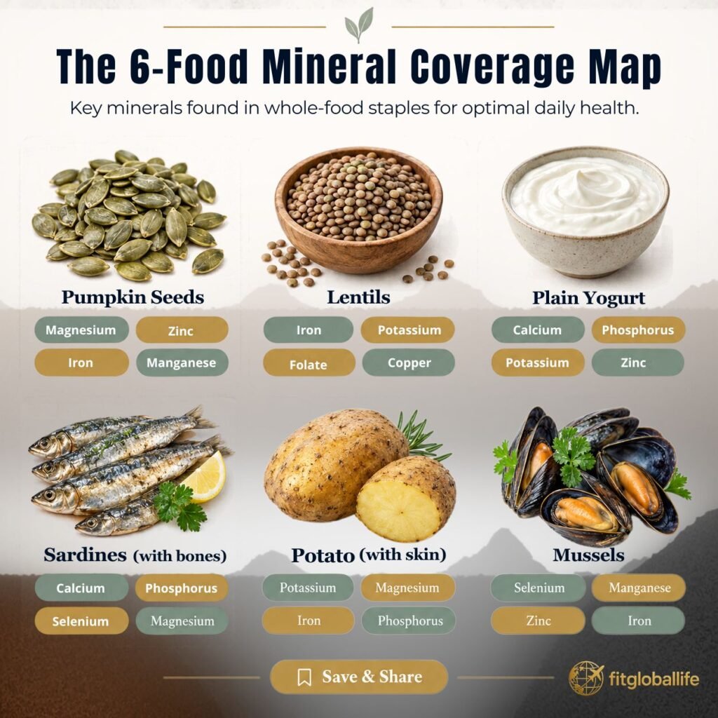 Mineral-rich foods coverage map showing six foods and their notable minerals