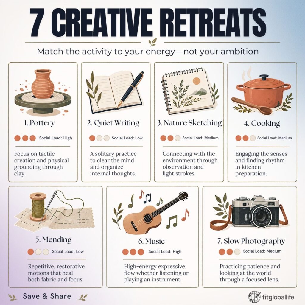 creative retreats for burned-out professionals comparison infographic with seven art formats