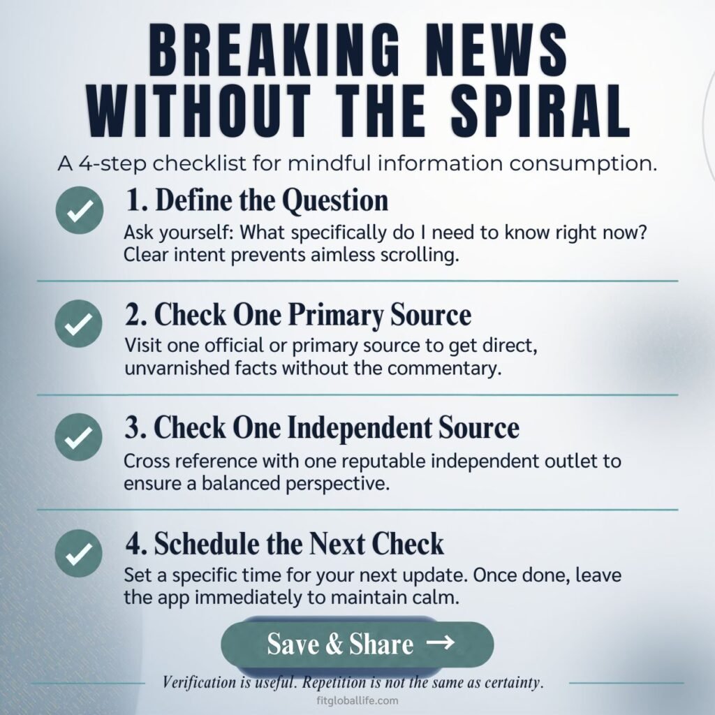 Stop doomscrolling during breaking news with a two-source ceiling and scheduled checks